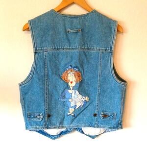 Vintage Liz Wear Upcycled Jean Vest With Quilt Lady Patch On Back